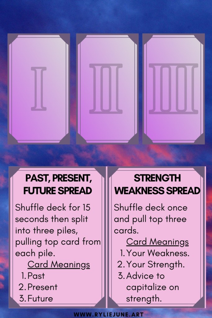 Easy and simple three card tarot spread. Beginners tarot card spreads. Linear three card tarot spread.