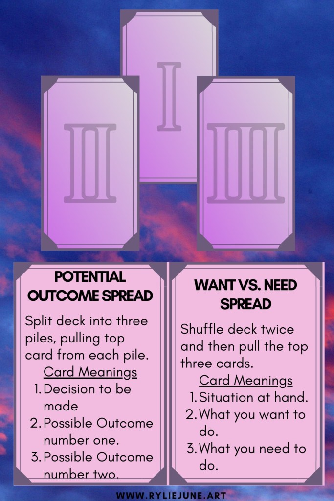Easy and simple three card tarot spread. Beginners tarot card spreads. Stacked three card tarot spread for beginners.