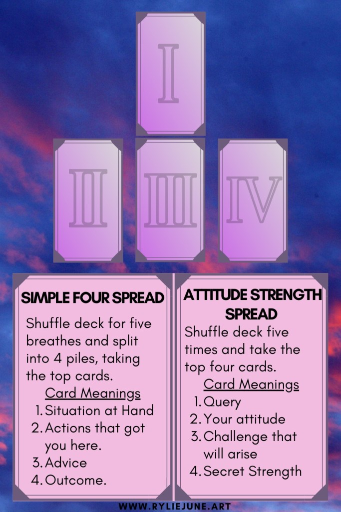 Easy and simple four card tarot spread. Beginners tarot card spreads. Stacked four card tarot spread for beginners.
